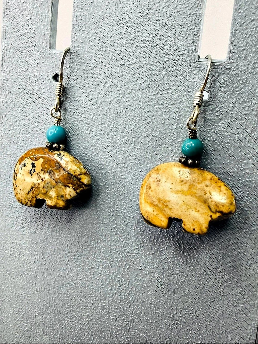 Sterling Silver Brown Bear Stone Dangle Hook Earrings Southwest Tribal Fetish